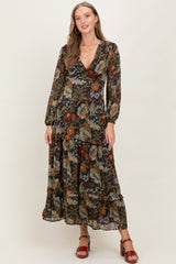 Black Floral Chiffon V-Neck Long Sleeve Maternity Maxi Dress