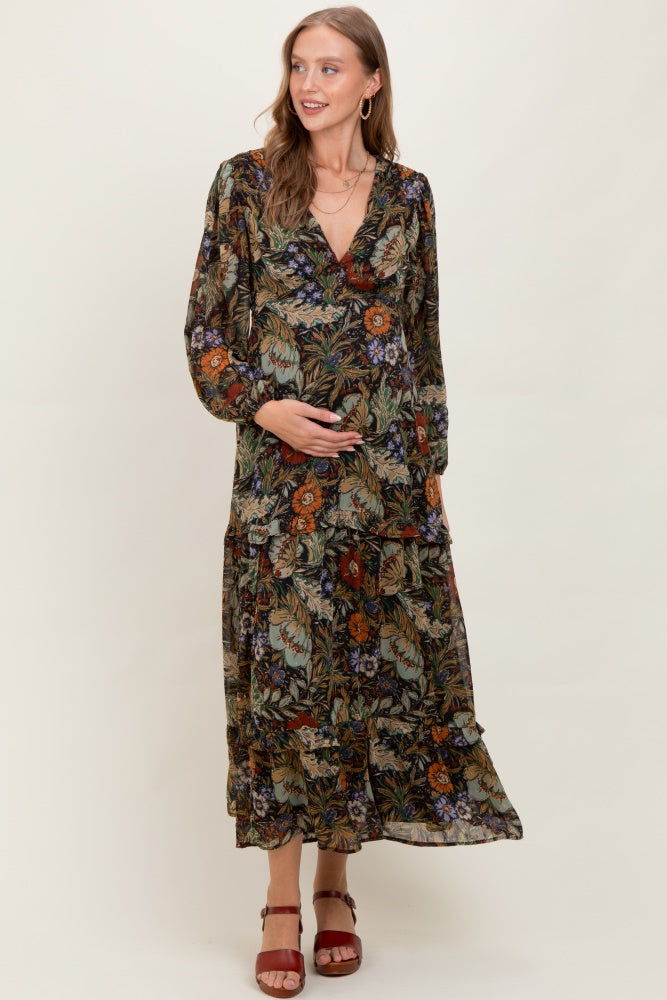 Black Floral Chiffon V-Neck Long Sleeve Maternity Maxi Dress