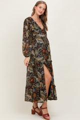 Black Floral Chiffon V-Neck Long Sleeve Maternity Maxi Dress