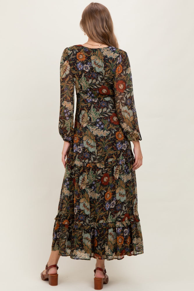 Black Floral Chiffon V-Neck Long Sleeve Maternity Maxi Dress