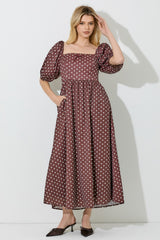 Brown Polka Dot Square Neck Maternity Midi Dress