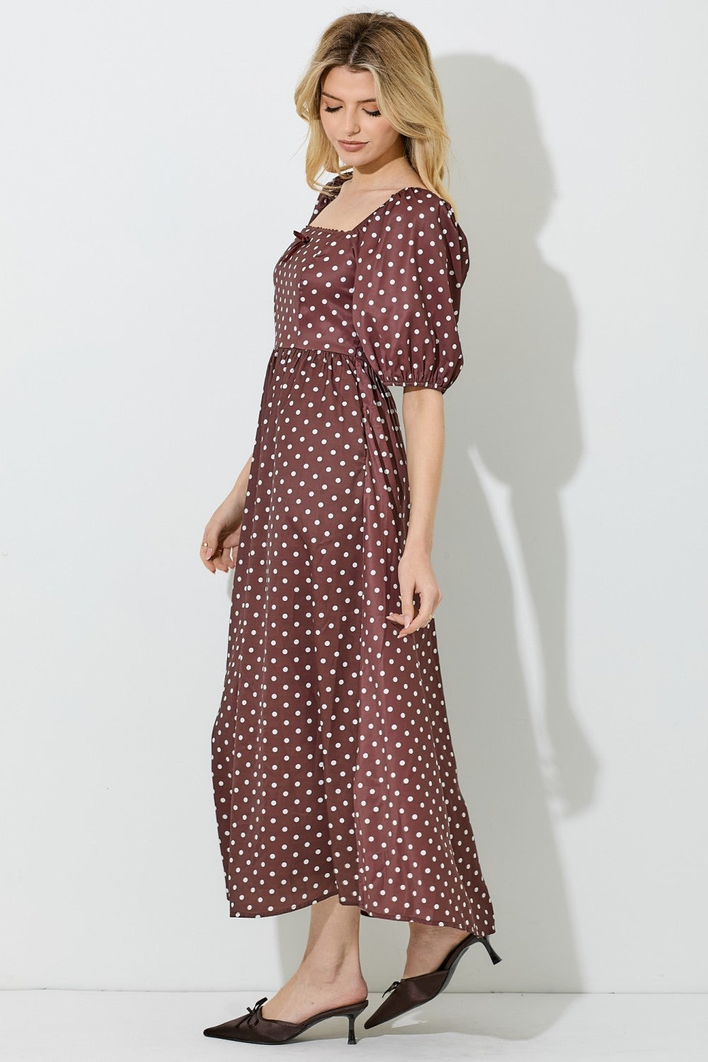 Brown Polka Dot Square Neck Midi Dress