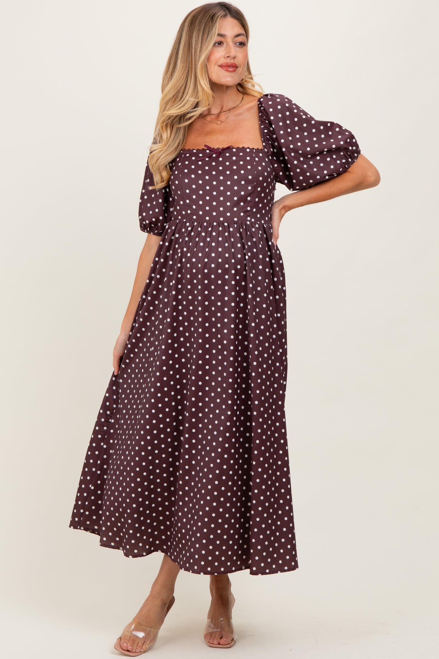 Brown Polka Dot Square Neck Maternity Midi Dress