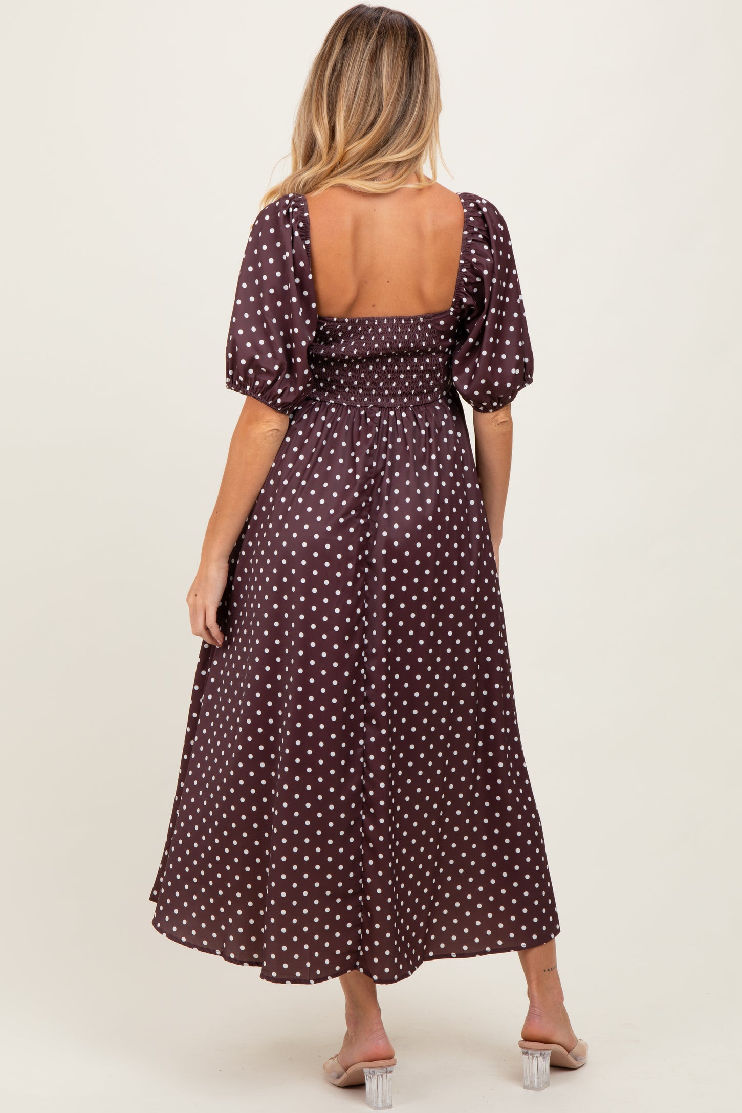 Brown Polka Dot Square Neck Maternity Midi Dress
