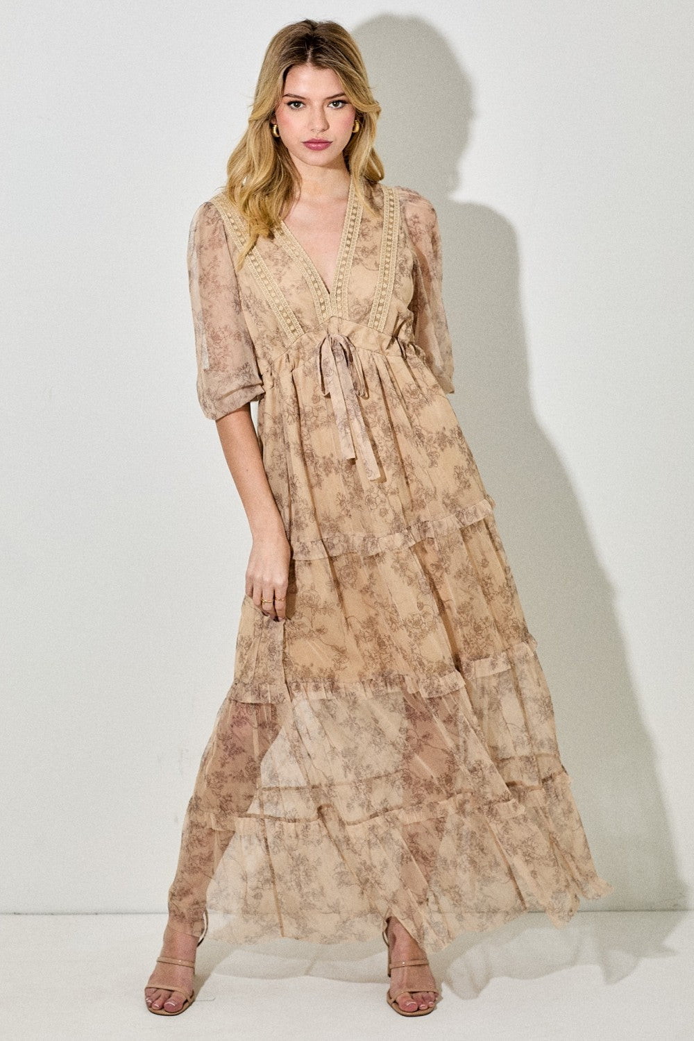 Camel Floral Mesh Overlay Lace Trim Maternity Maxi Dress