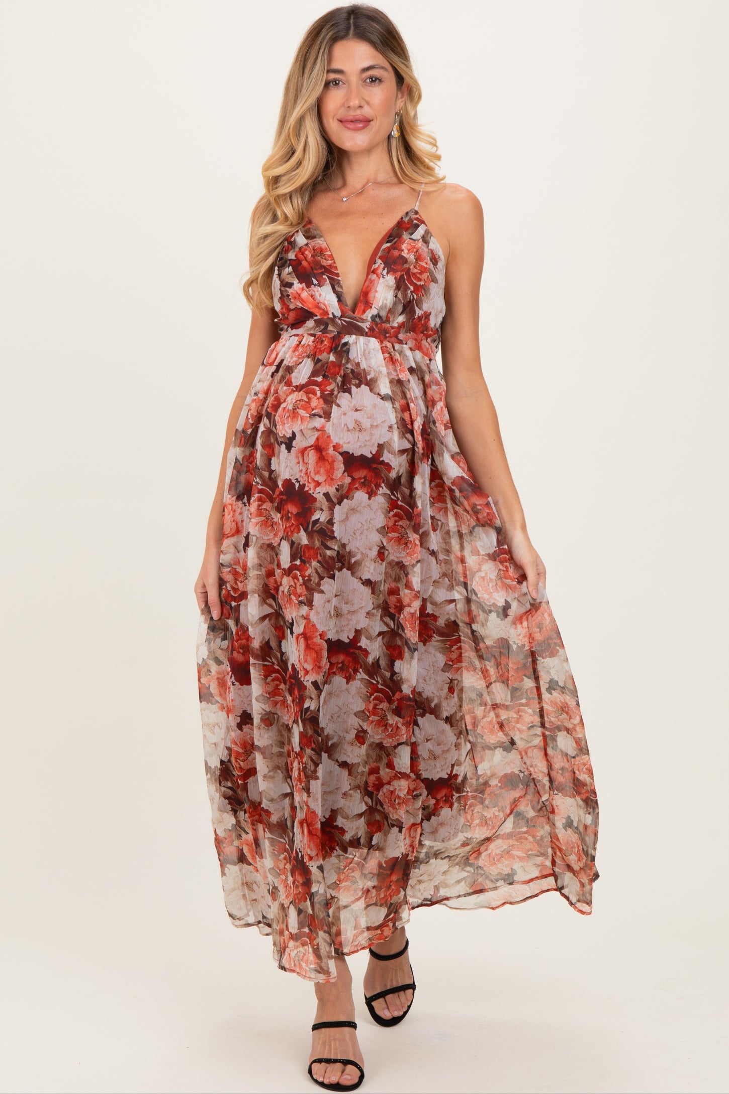 Burgundy Floral Deep V-Neck Open Back Maternity Maxi Dress