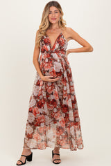 Burgundy Floral Deep V-Neck Open Back Maternity Maxi Dress