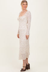 Cream Floral Sweetheart Neckline Long Sleeve Maxi Dress