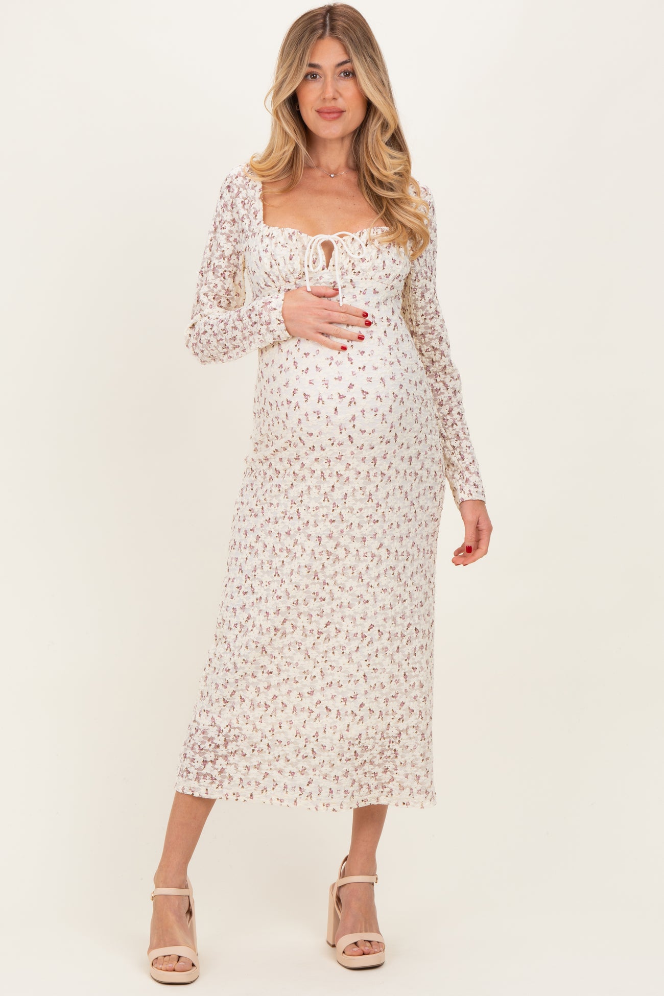 Cream Floral Sweetheart Neckline Long Sleeve Maternity Maxi Dress