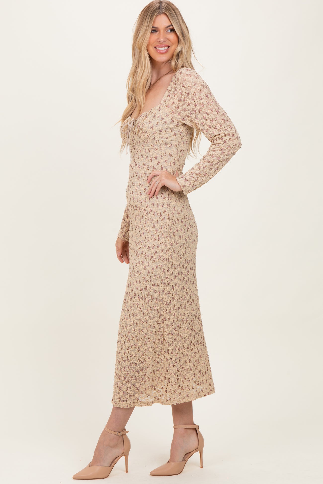 Beige Floral Sweetheart Neckline Long Sleeve Maxi Dress