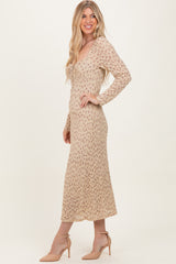 Beige Floral Sweetheart Neckline Long Sleeve Maxi Dress
