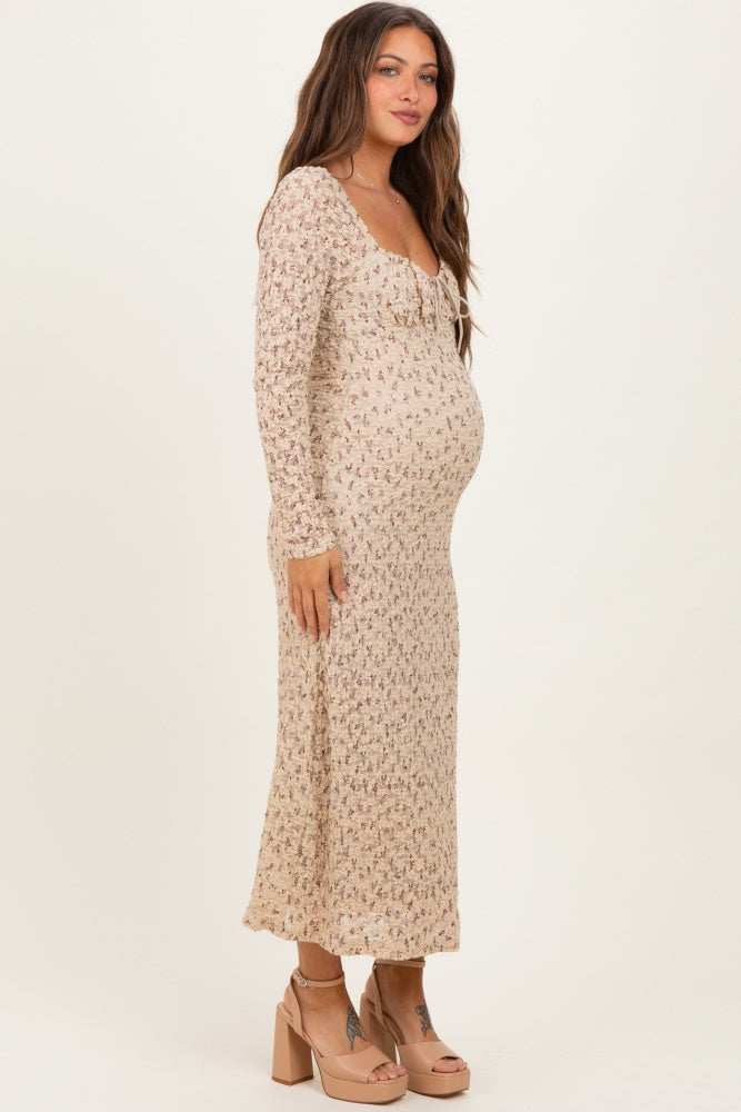 Beige Floral Sweetheart Neckline Long Sleeve Maternity Maxi Dress