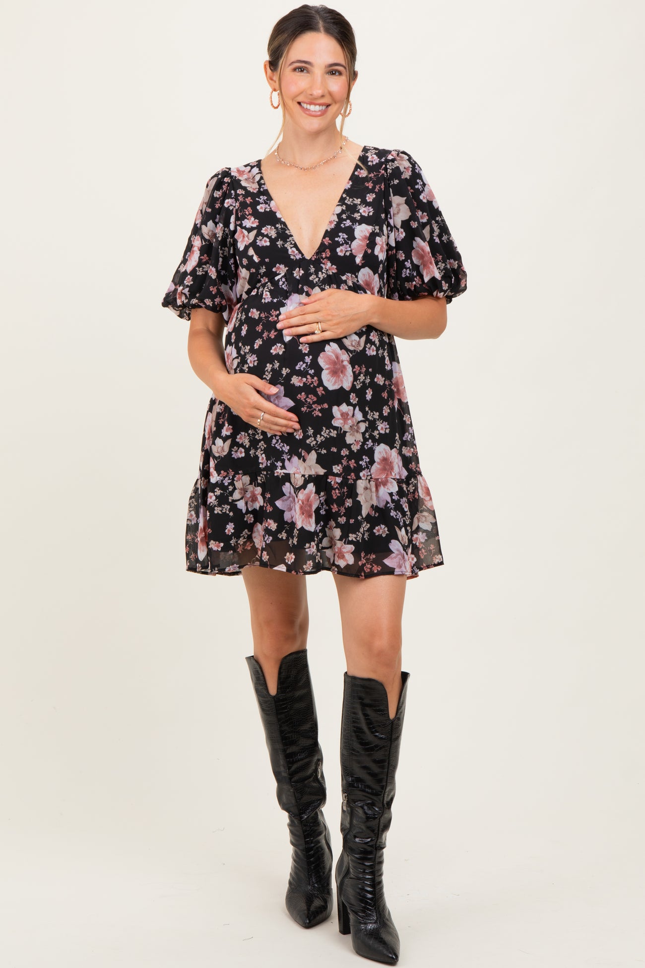 Black Floral V-Neck Puffed Sleeve Maternity Mini Dress