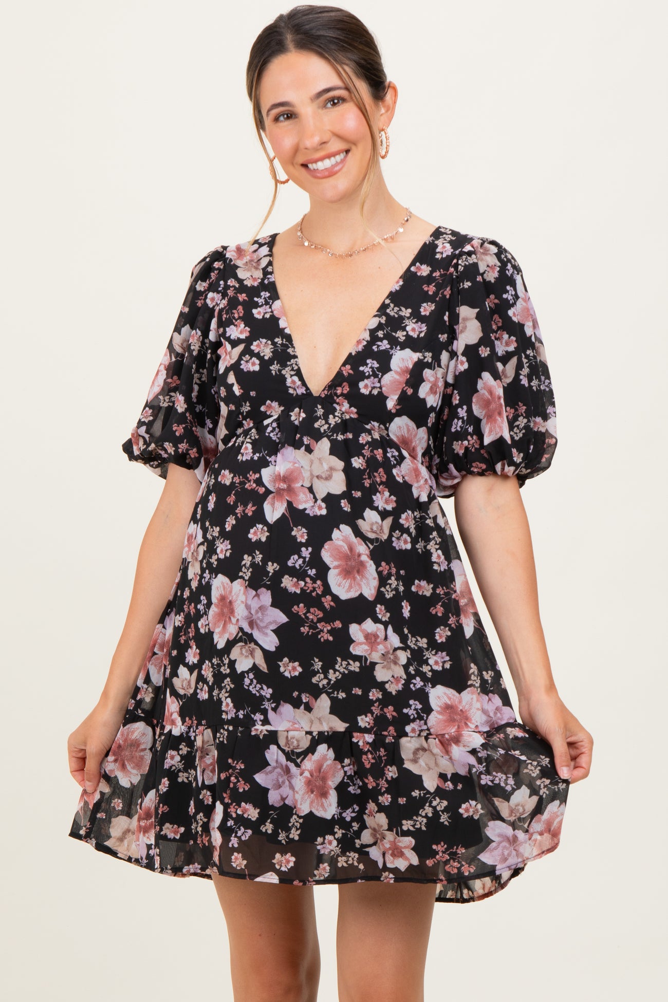 Black Floral V-Neck Puffed Sleeve Maternity Mini Dress