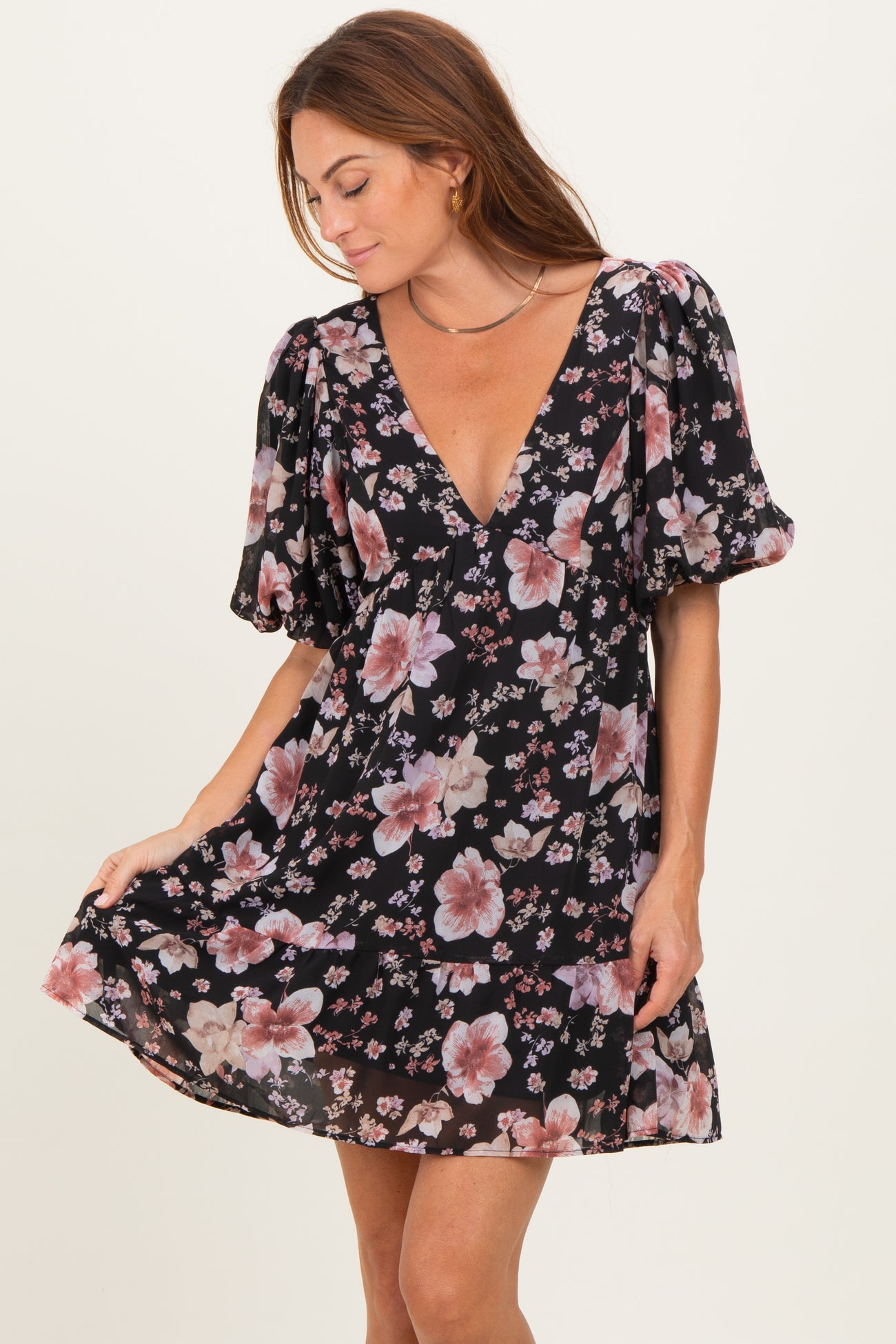 Black Floral V-Neck Puffed Sleeve Mini Dress