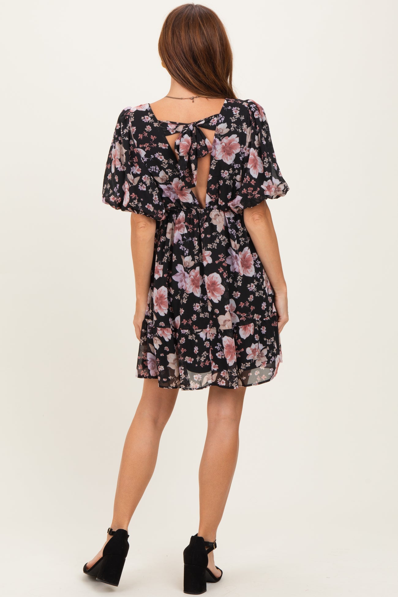 Black Floral V-Neck Puffed Sleeve Mini Dress