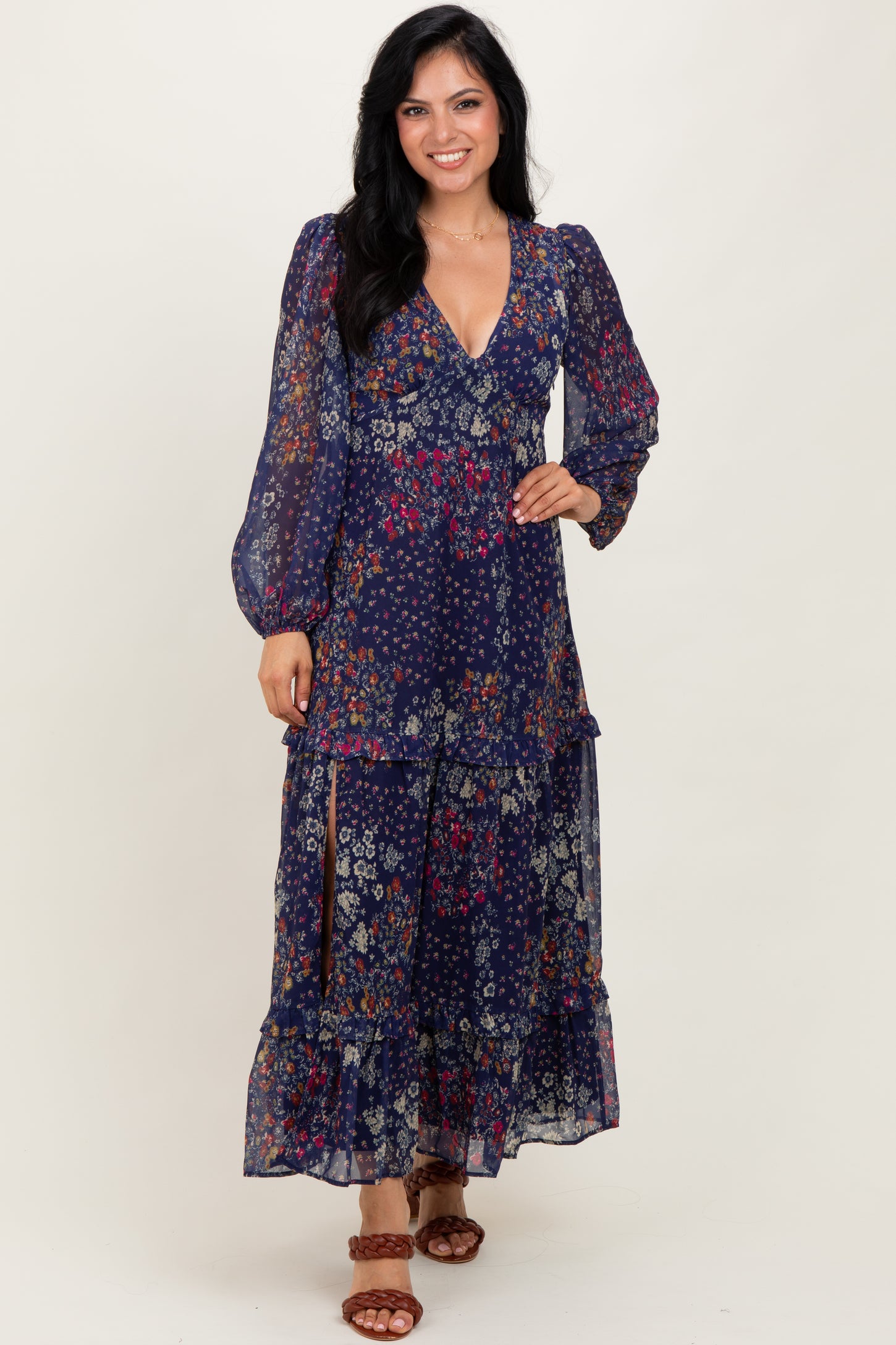 Navy Floral Chiffon V-Neck Long Sleeve Maternity Maxi Dress