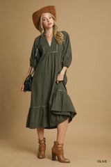 Olive V-Neck Contrast Trim 3/4 Sleeve Midi Dress