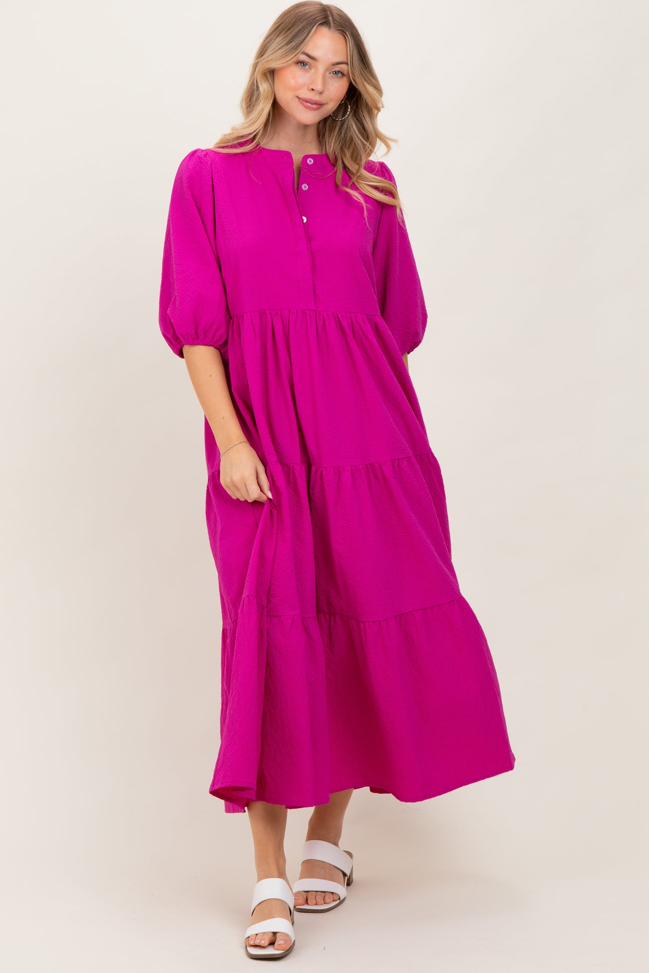 Fuchsia Textured Tiered Puff Sleeve Maternity Midi Dress