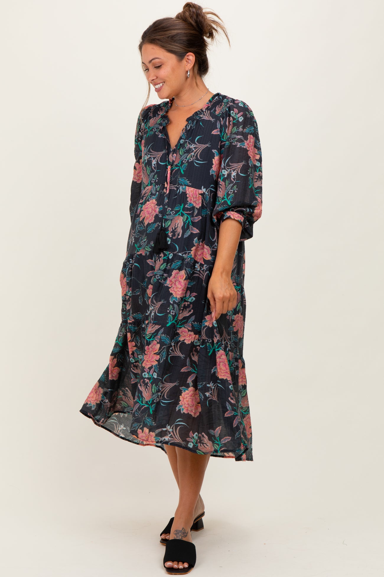 Black Floral Front Tie Tiered Maternity Midi Dress