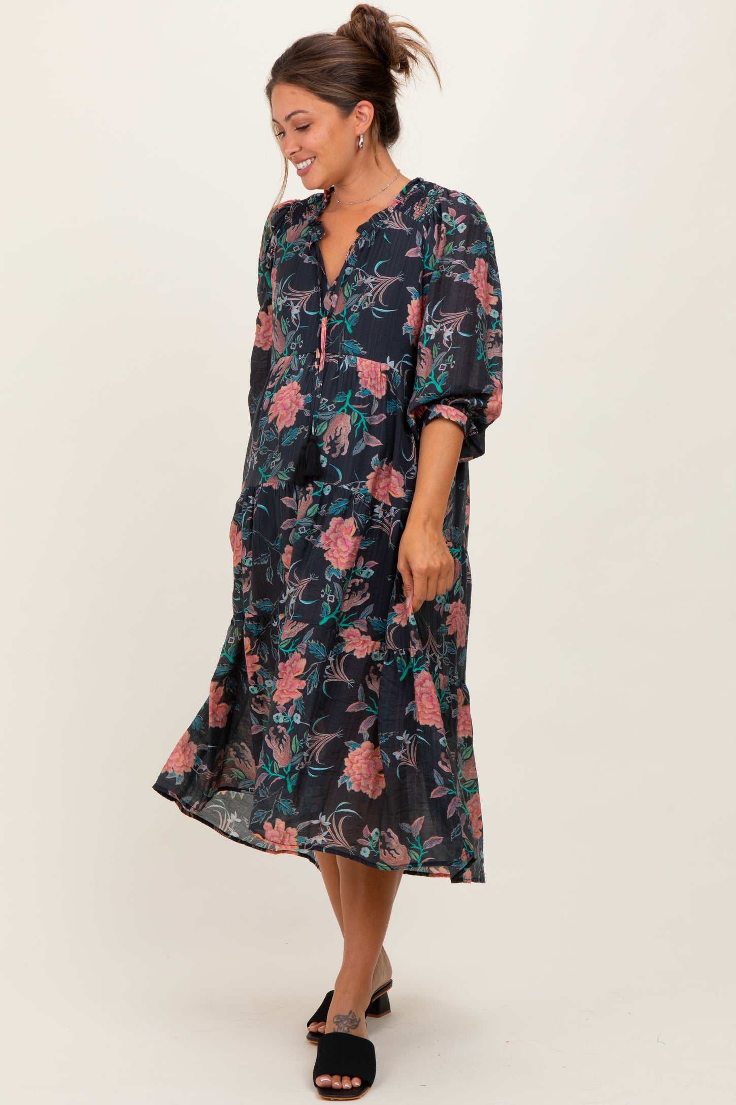 Black Floral Front Tie Tiered Maternity Midi Dress