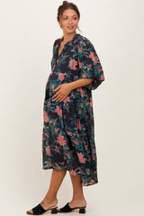 Black Floral Front Tie Tiered Maternity Midi Dress