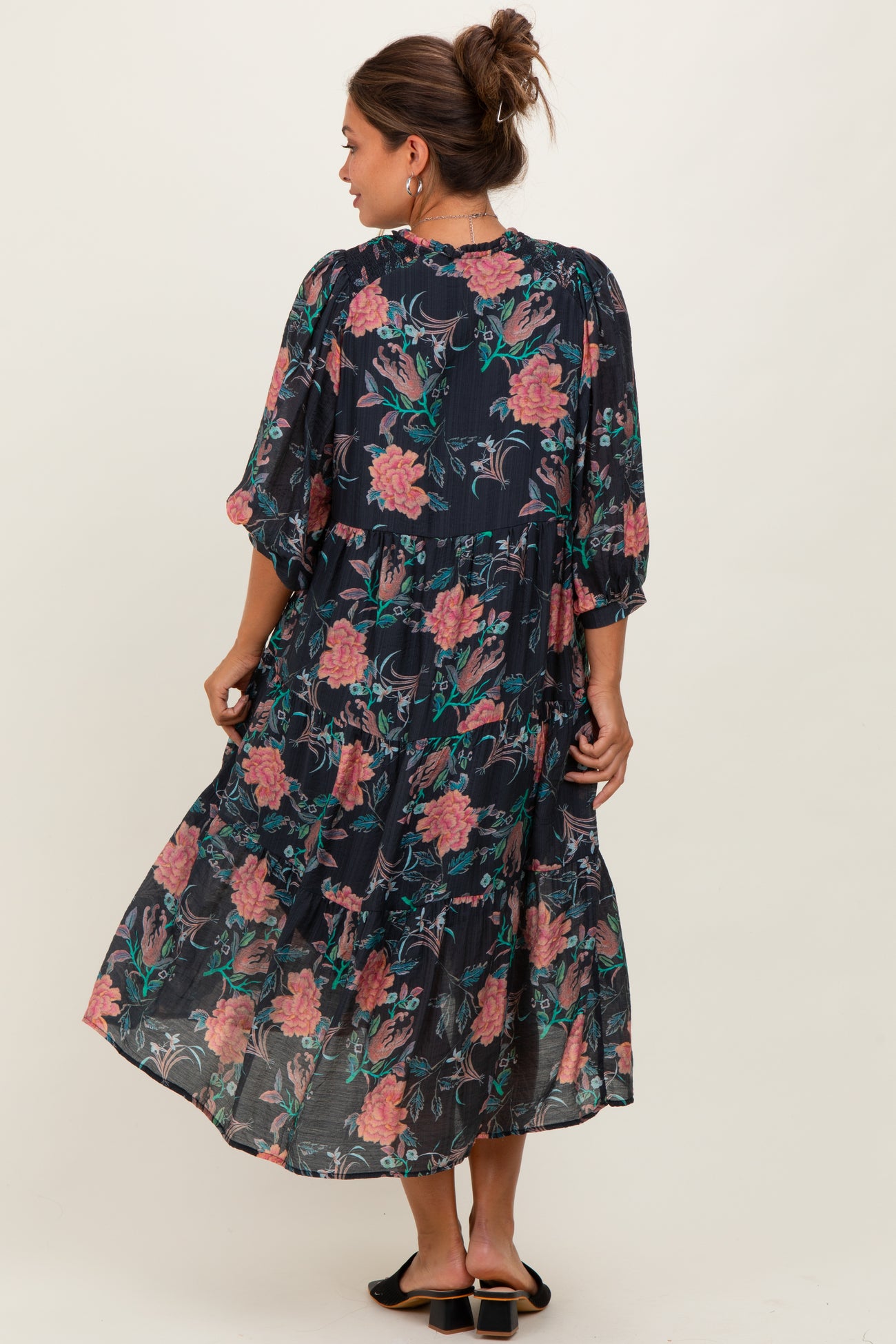Black Floral Front Tie Tiered Maternity Midi Dress