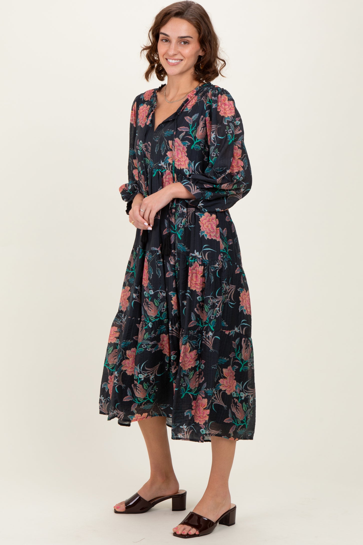Black Floral Front Tie Tiered Midi Dress