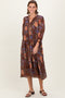 Brown Floral Front Tie Tiered Midi Dress