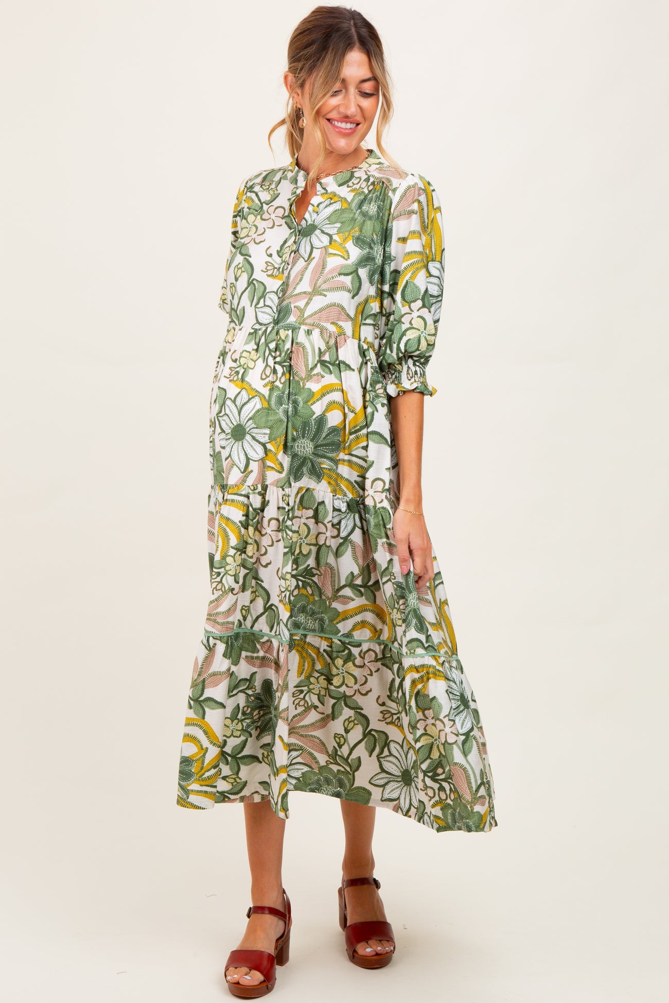 Green Floral Tiered Short Sleeve Maternity Midi Dress
