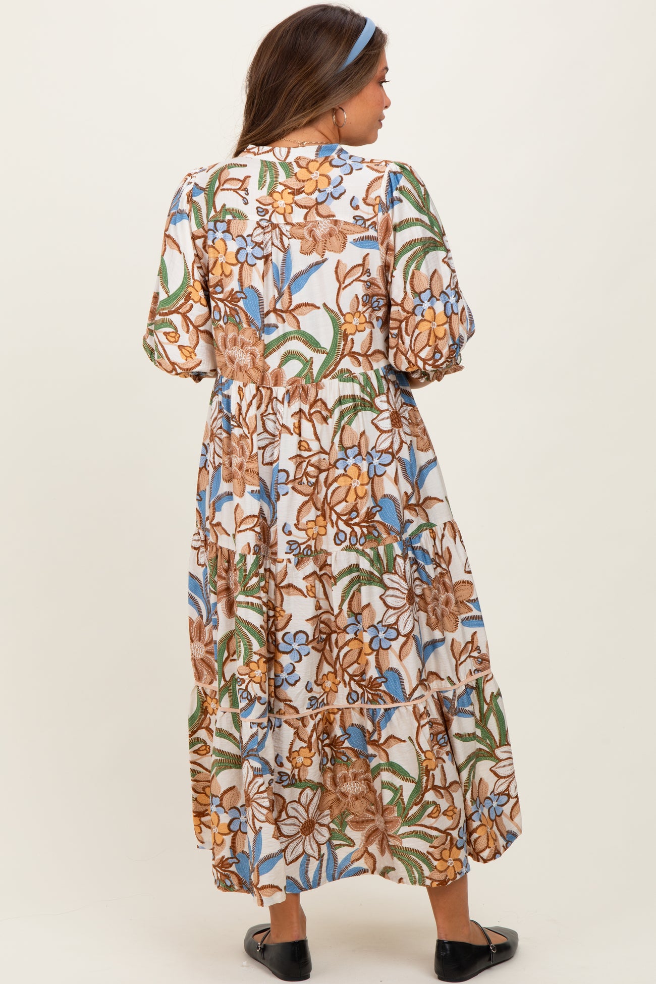 Beige Floral Tiered Short Sleeve Maternity Midi Dress