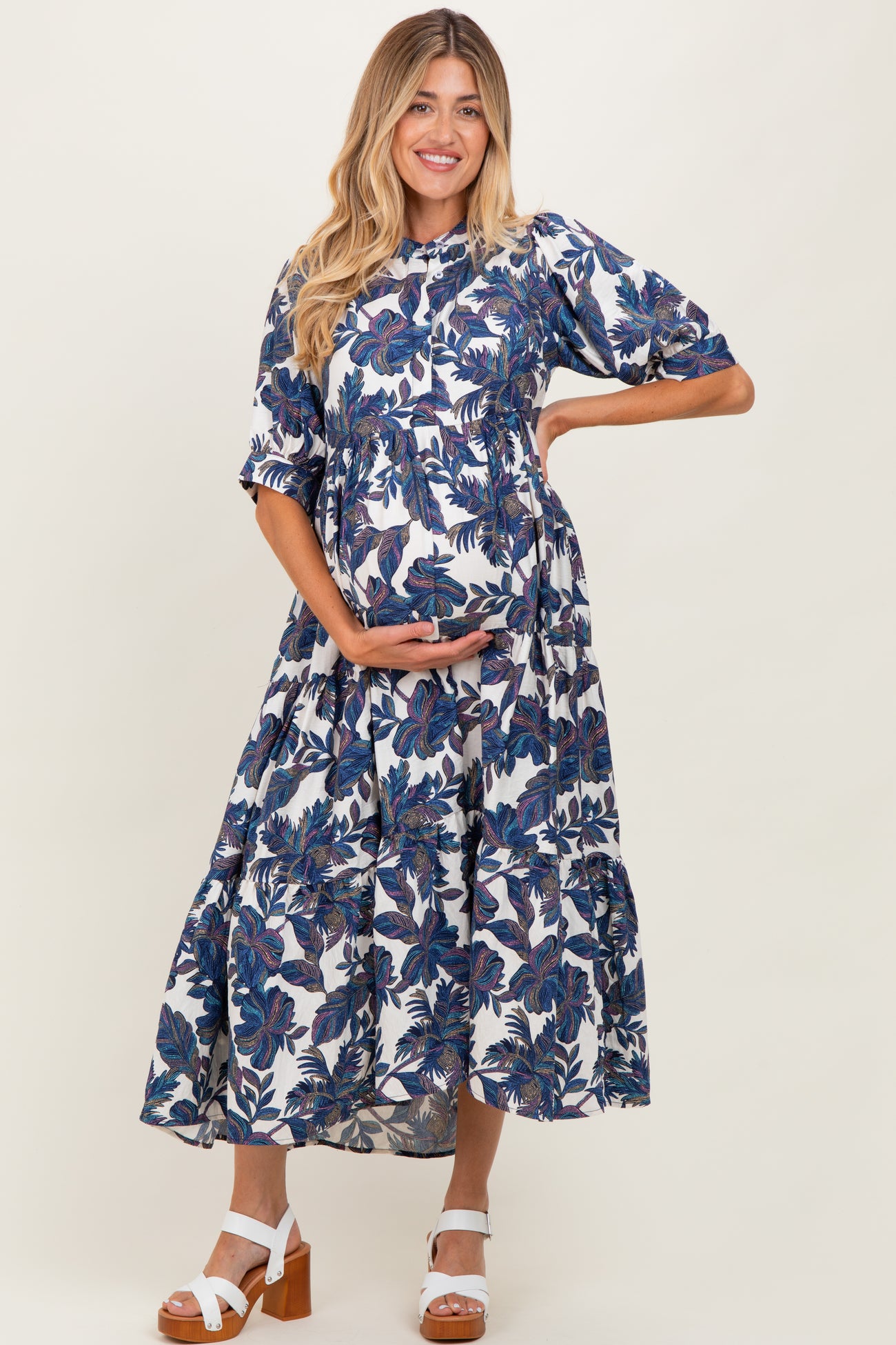 Navy Leaf Print Tiered Maternity Midi Dress