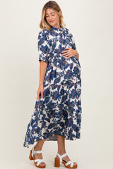 Navy Leaf Print Tiered Maternity Midi Dress