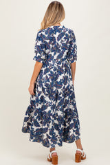 Navy Leaf Print Tiered Maternity Midi Dress