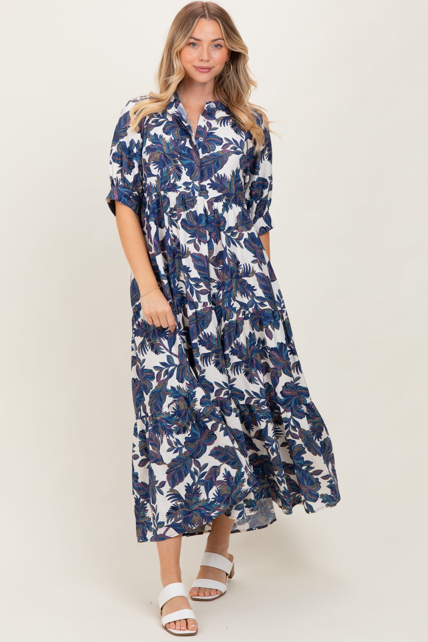 Navy Leaf Print Tiered Maternity Midi Dress