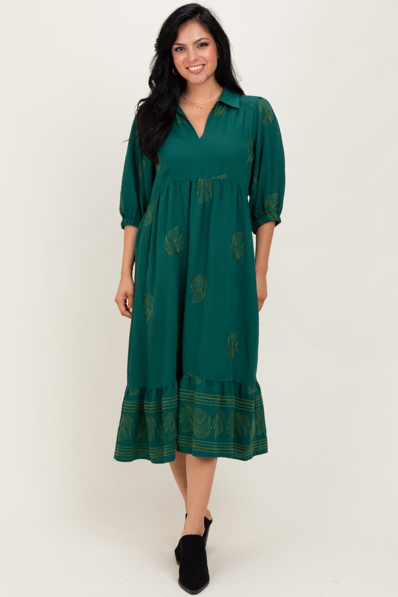 Forest Green Embroidered Leaf Print V-Neck Midi Dress