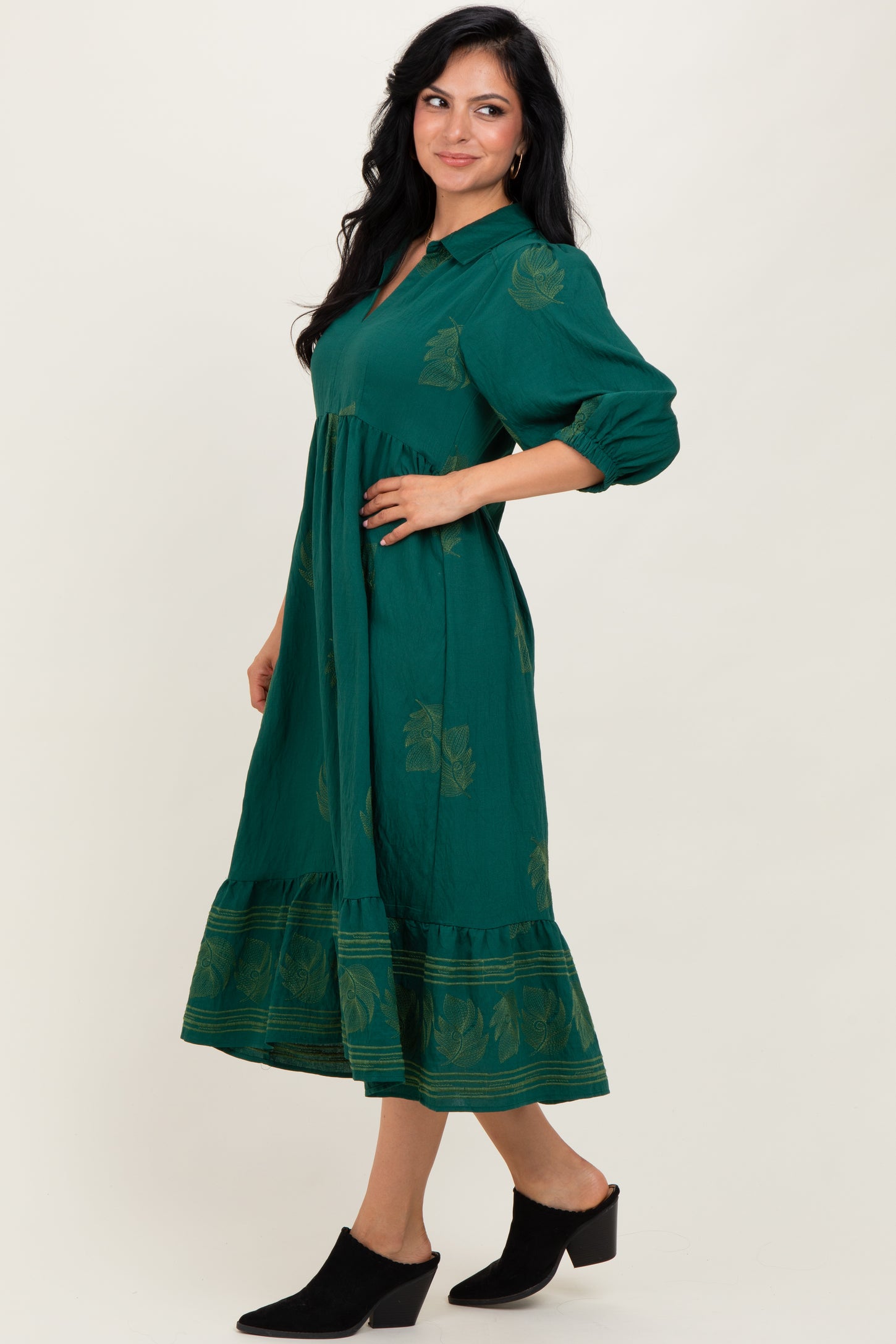 Forest Green Embroidered Leaf Print V-Neck Midi Dress