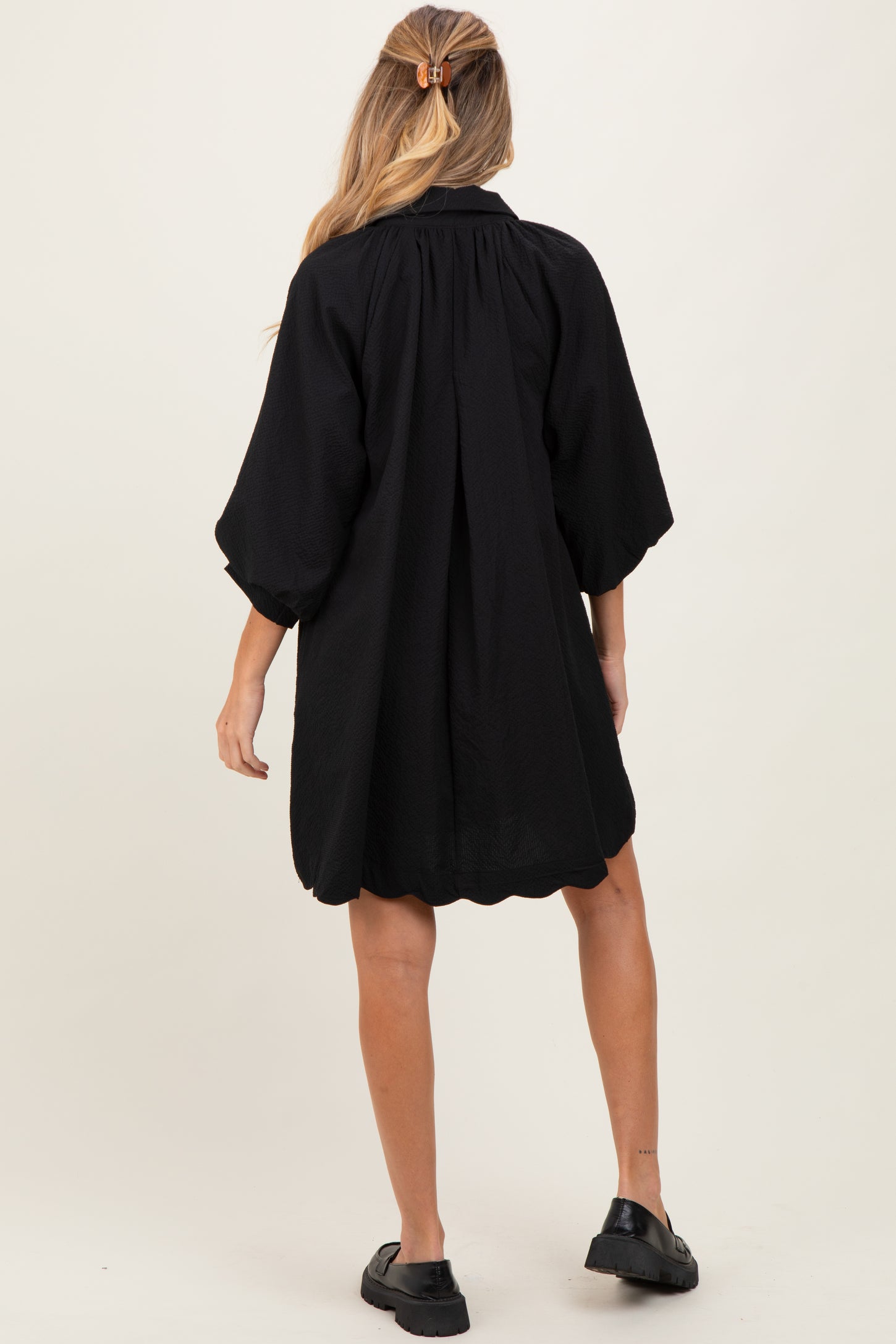Black Textured Collared 3/4 Puff Sleeve Maternity Dress