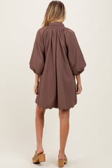 Brown Textured Collared 3/4 Puff Sleeve Maternity Dress
