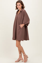 Brown Textured Collared 3/4 Puff Sleeve Dress