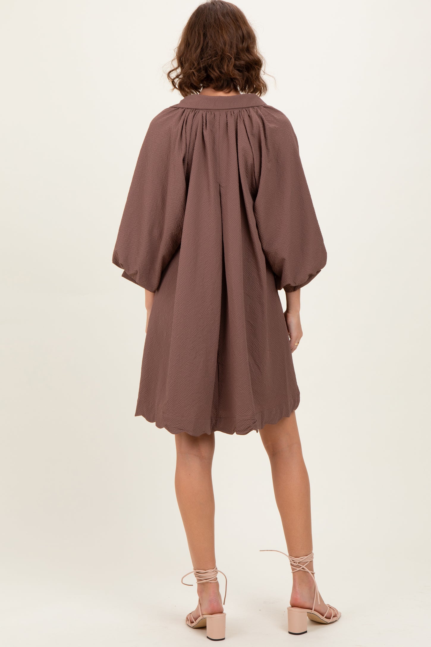 Brown Textured Collared 3/4 Puff Sleeve Dress