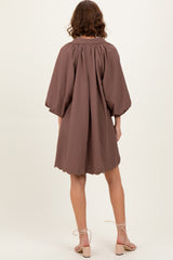 Brown Textured Collared 3/4 Puff Sleeve Dress