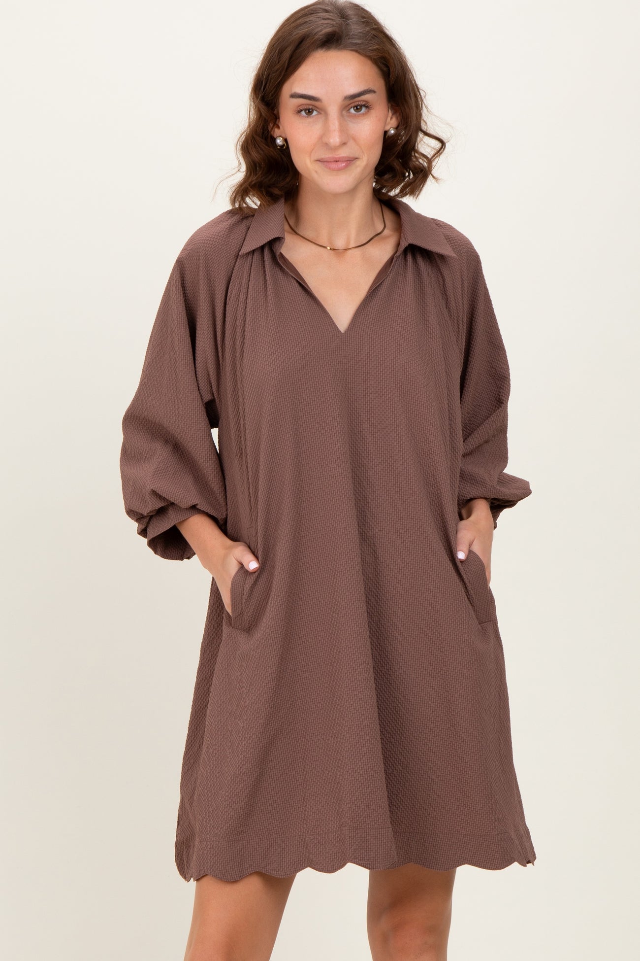 Brown Textured Collared 3/4 Puff Sleeve Maternity Dress