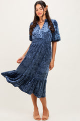 Blue Embroidered Velvet Smocked Waist Midi Dress