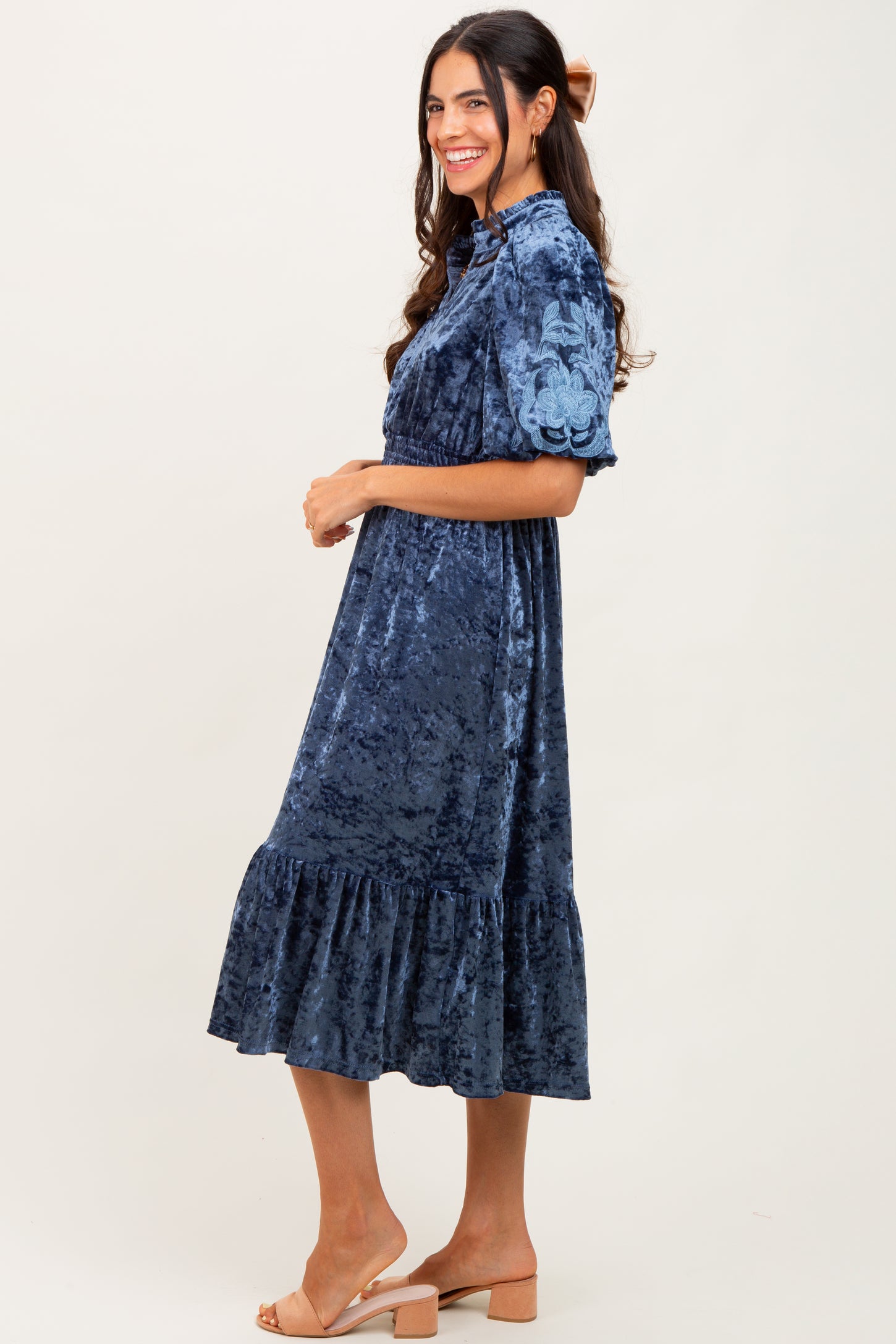 Blue Embroidered Velvet Smocked Waist Midi Dress