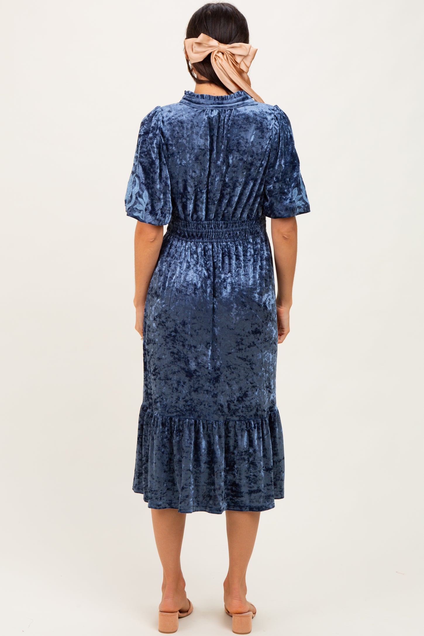 Blue Embroidered Velvet Smocked Waist Midi Dress
