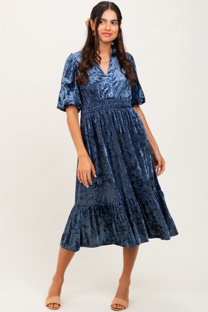 Blue Embroidered Velvet Smocked Waist Maternity Midi Dress