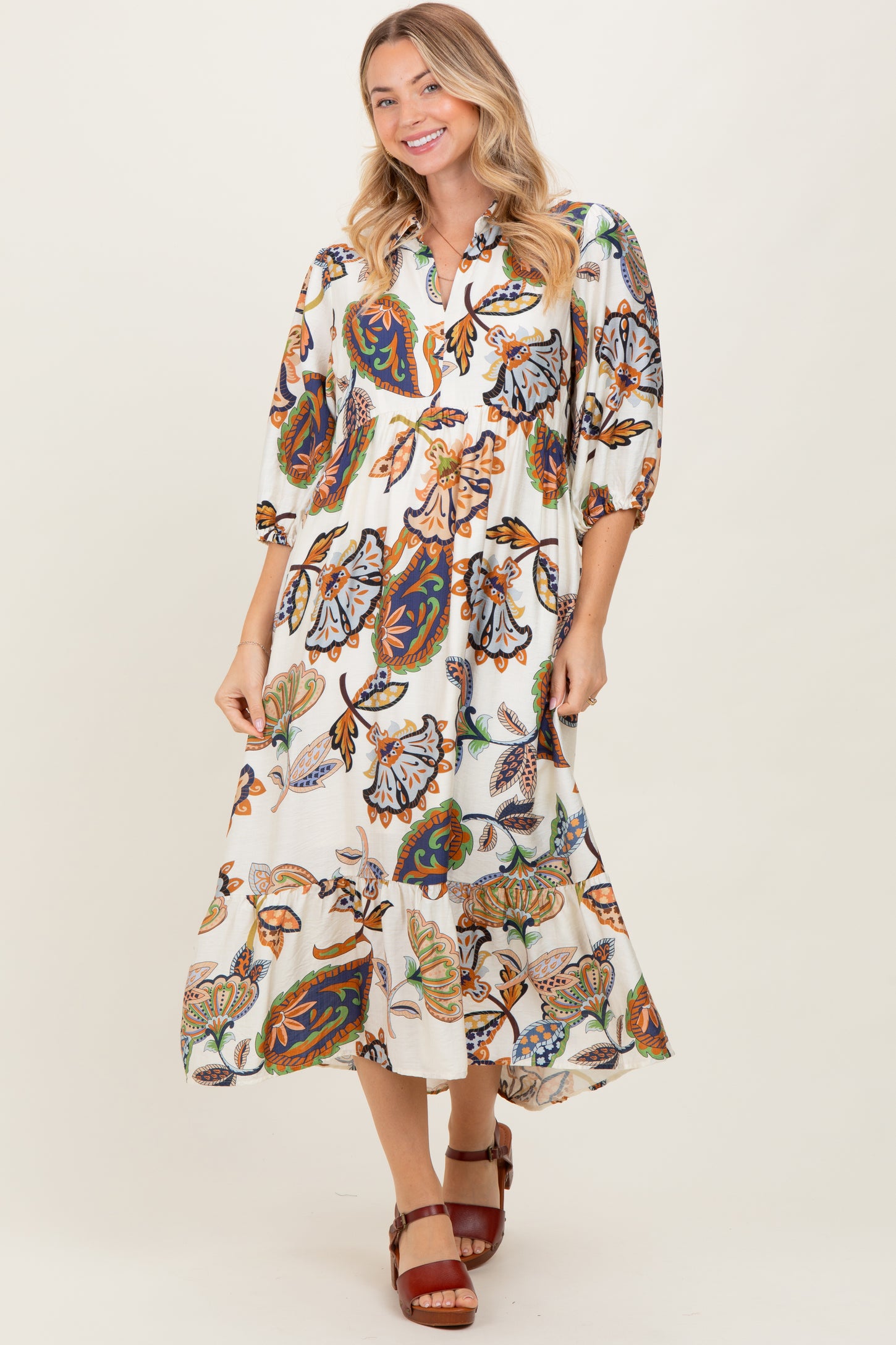 Cream Floral Collared 3/4 Sleeve Maternity Midi Dress