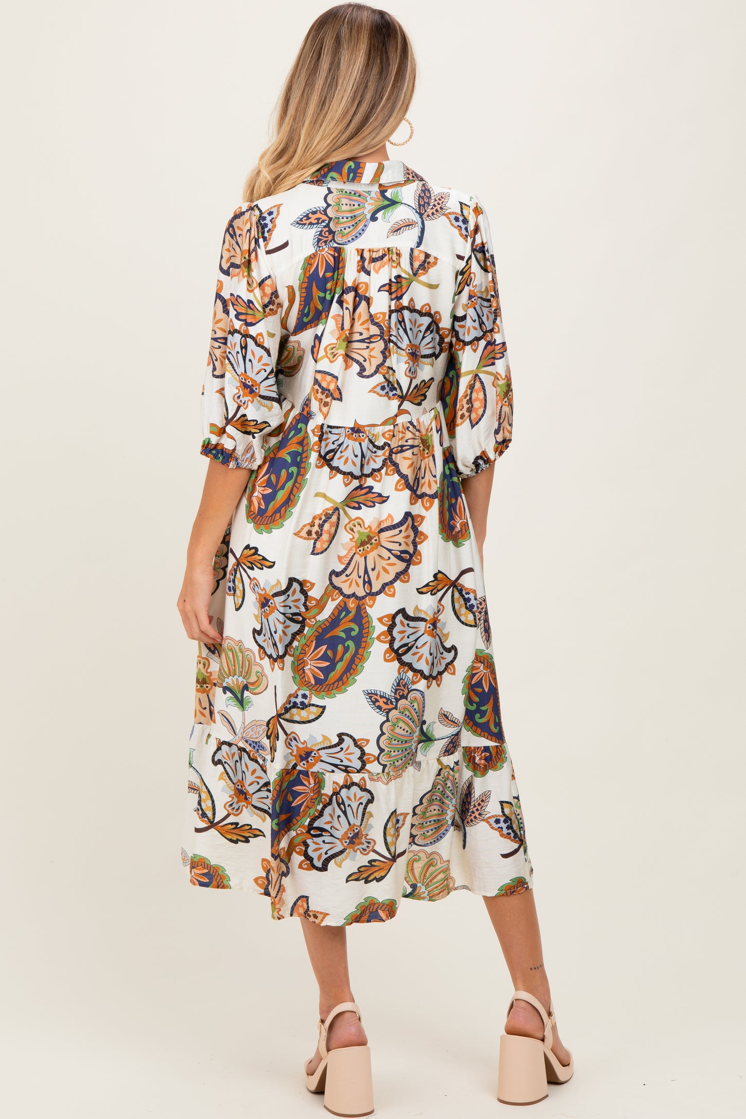 Cream Floral Collared 3/4 Sleeve Maternity Midi Dress