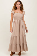 Beige Smocked Ruffle Off Shoulder Tiered Maternity Maxi Dress